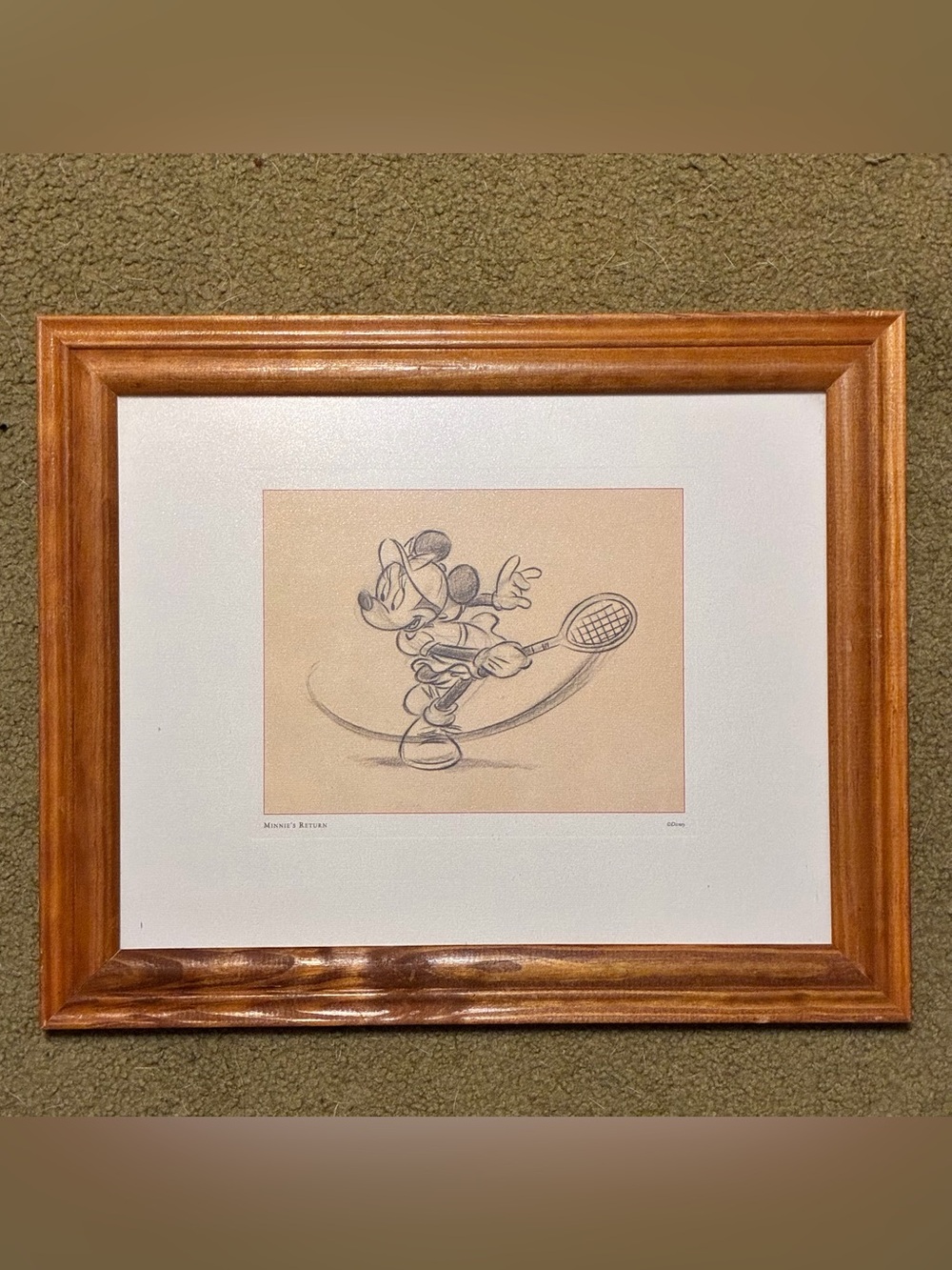 Minnie Mouse Tennis Sketch Framed Art Print Brown Wooden Frame 16.5x13.5 Inches